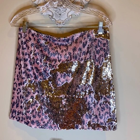 Free People Skinny Sequin Mini Skirt Pink Cheetah. NWT R-16 - Picture 3 of 6